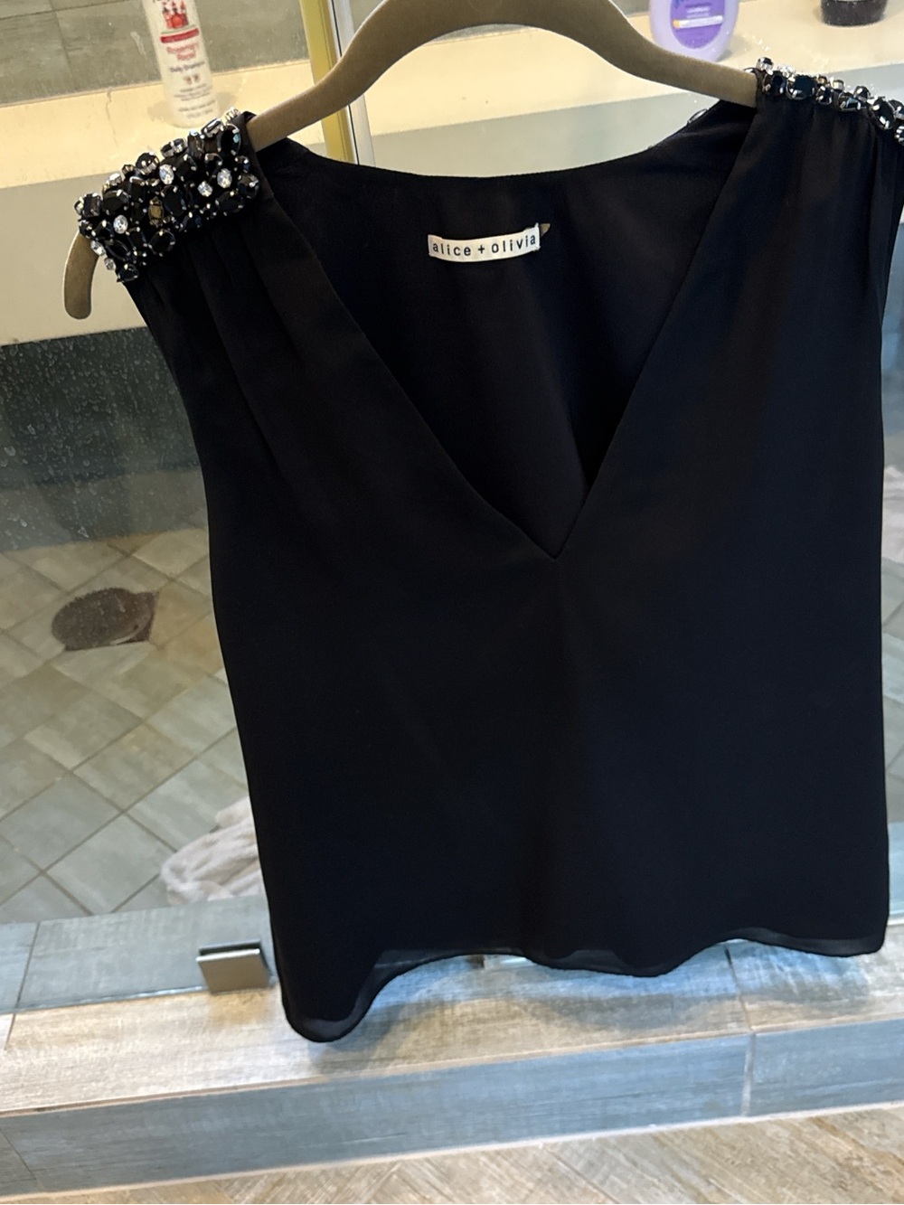 Alice + Olivia Black Sleeveless V-Neck Camisole with Beaded Shoulders